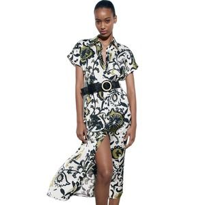 Zara Dress Long Printed Green Brown Unlined Button Down Womens Size XL